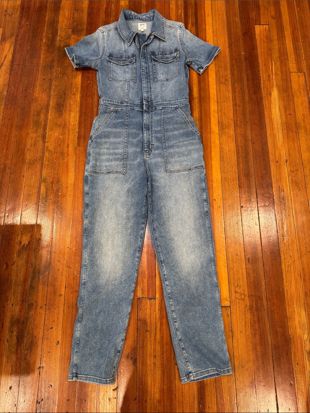 aerie Washed Blue Denim Short Sleeve Utility Jumpsuit